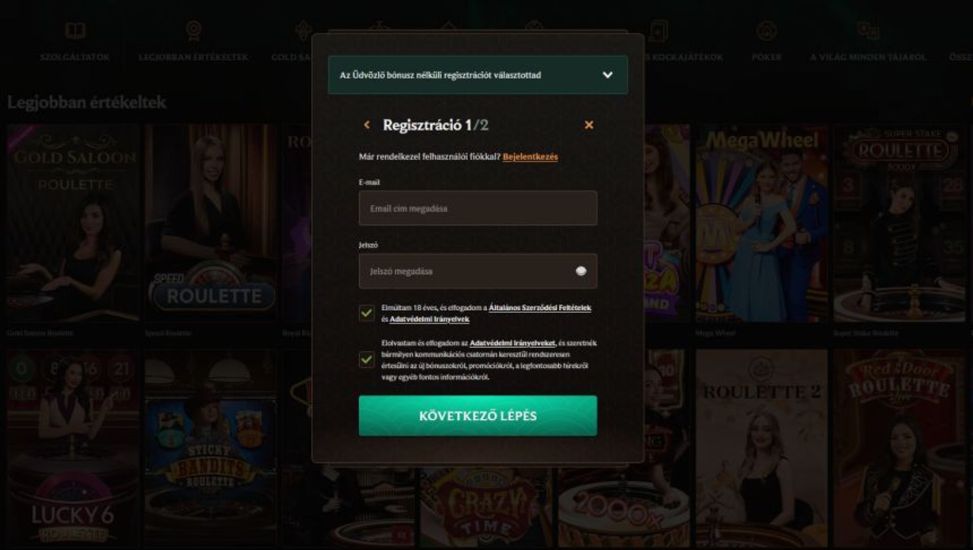 Pillanatkép a Crownplay Casino regisztrációs folyamatáról - 2. lépés